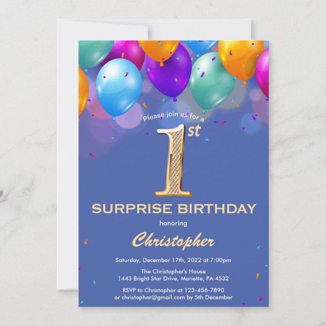 Surprise 1st Birthday Blue and Gold Balloons Invitation (Front)