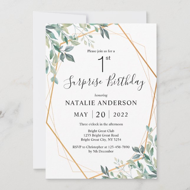 Surprise 1st Birthday Eucalyptus Greenery & Gold Invitation (Front)