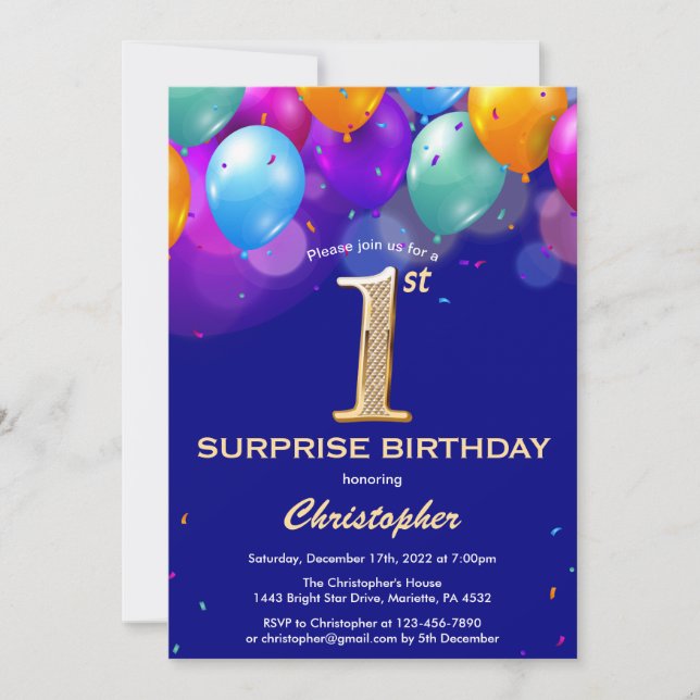 Surprise 1st Birthday Navy Blue and Gold Balloons Invitation (Front)