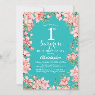 Surprise 1st Birthday Pink Floral Flowers Teal Invitation