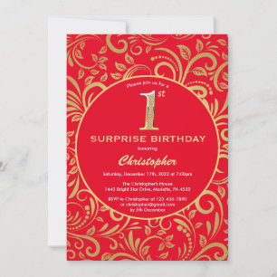 Surprise 1st Birthday Red and Gold Floral Invitation