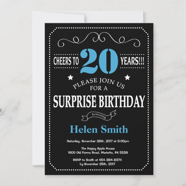 Surprise 20e anniversaire Invitation Bleu et Noir (Devant)