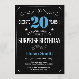 Surprise 20e anniversaire Invitation Bleu et Noir