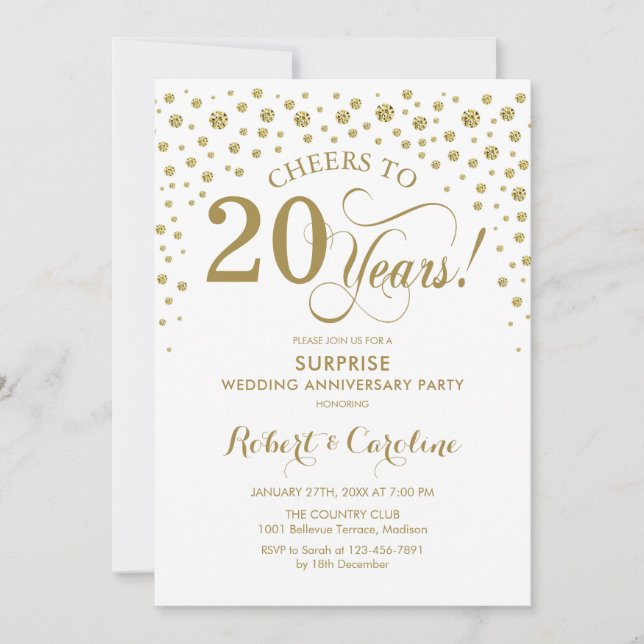 Surprise 20th Anniversary Celebration - White Gold Invitation (Front)