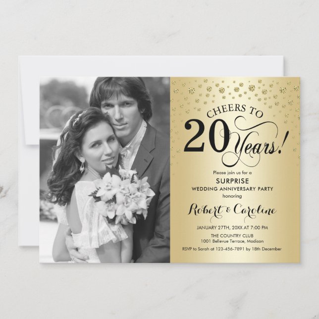 Surprise 20th Anniversary with Photo Gold Black Invitation (Front)