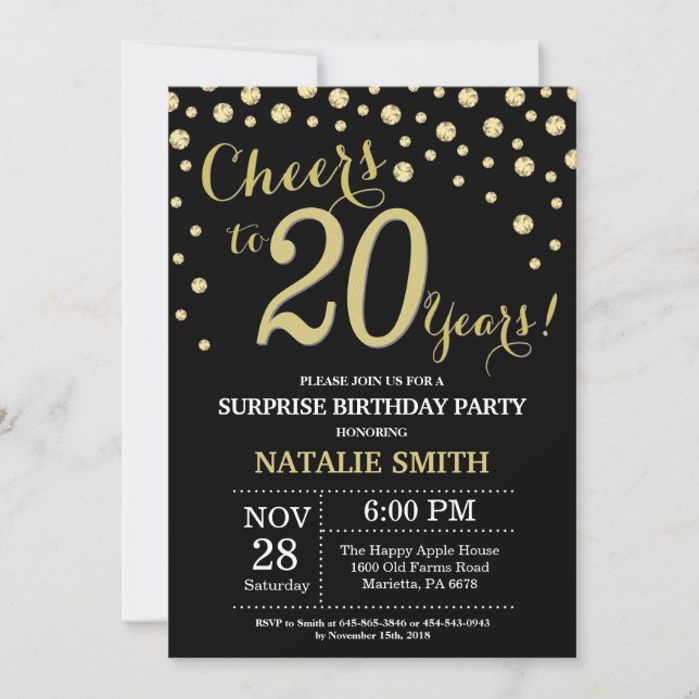 Surprise 20th Birthday Black and Gold Diamond Invitation (Front)