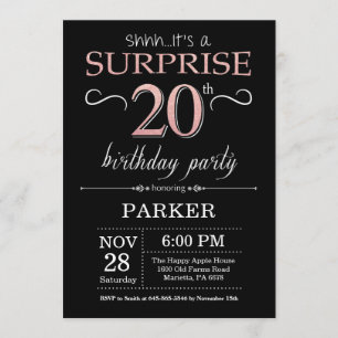 Surprise 20th Birthday Black and Rose Pink Gold Invitation