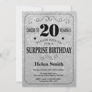 Surprise 20th Birthday Black and Silver Glitter Invitation