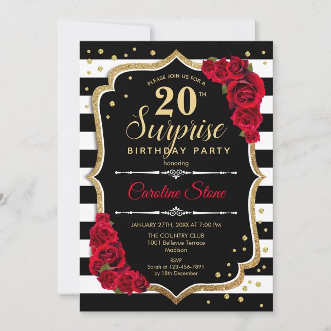 Surprise 20th Birthday - Black White Red Invitation (Front)