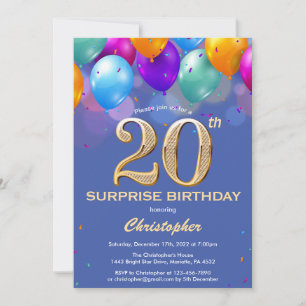 Surprise 20th Birthday Blue and Gold Balloons Invitation