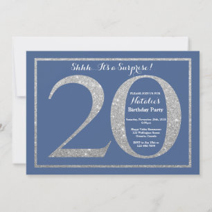 Surprise 20th Birthday Blue and Silver Glitter Invitation