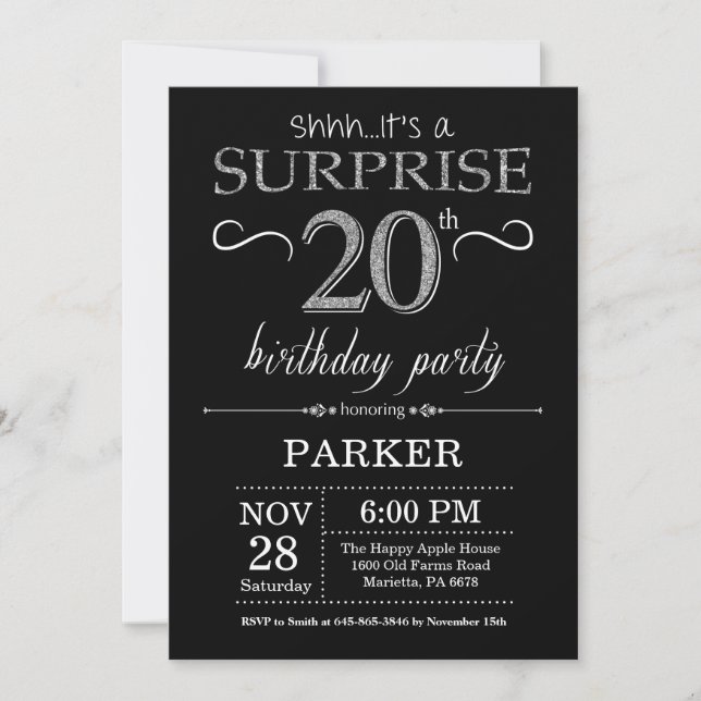 Surprise 20th Birthday Invitation Black and Silver (Front)