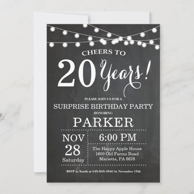 Surprise 20th Birthday Invitation Chalkboard (Front)