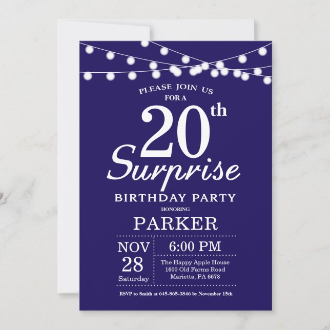 Surprise 20th Birthday Invitation Navy Blue (Front)