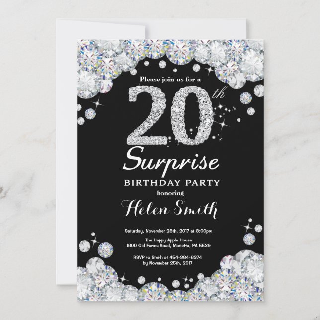 Surprise 20th Birthday Invitation Silver Diamond (Front)