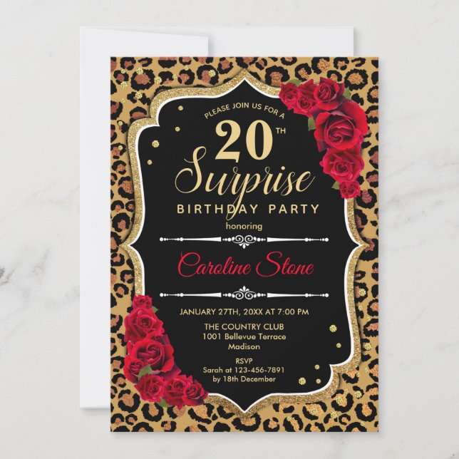 Surprise 20th Birthday - Leopard Black Gold Red Invitation (Front)