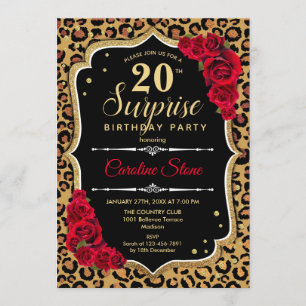 Surprise 20th Birthday - Leopard Black Gold Red Invitation