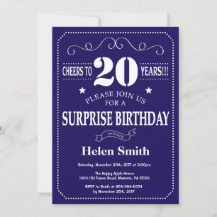 Surprise 20th Birthday Navy Blue and White Invitation