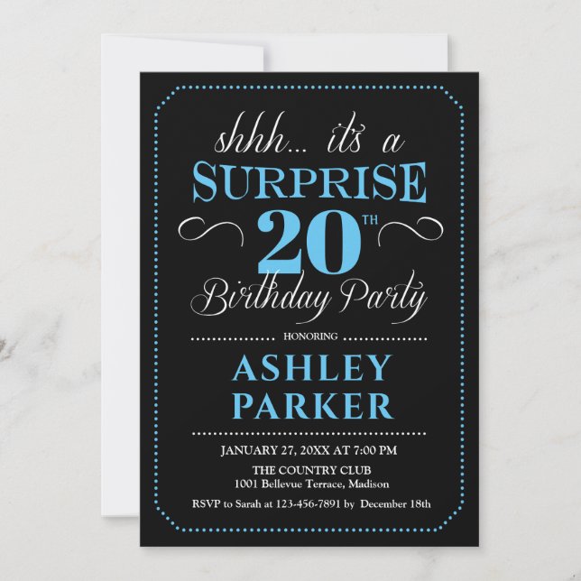 Surprise 20th Birthday Party - Black Blue Invitation (Front)