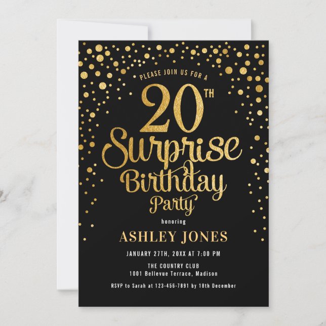 Surprise 20th Birthday Party - Black & Gold Invitation (Front)