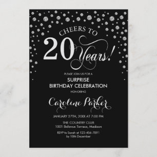 Surprise 20th Birthday Party - Black Silver Invitation