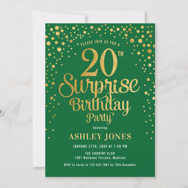 Surprise 20th Birthday Party - Green & Gold Invitation (Front)