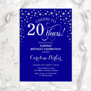 Surprise 20th Birthday Party - Royal Blue Silver Invitation