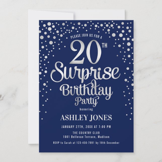 Surprise 20th Birthday Party - Silver & Navy Blue Invitation (Front)