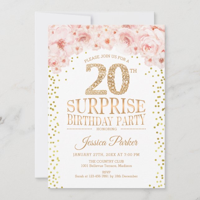 Surprise 20th Birthday Party - White Gold Pink Invitation (Front)