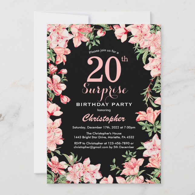 Surprise 20th Birthday Pink Floral Flowers Black Invitation (Front)
