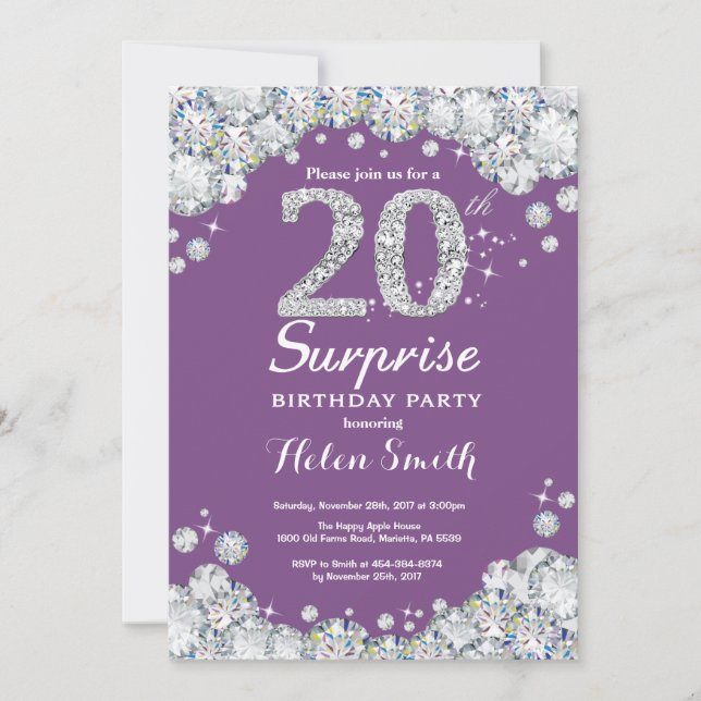 Surprise 20th Birthday Purple and Silver Diamond Invitation (Front)