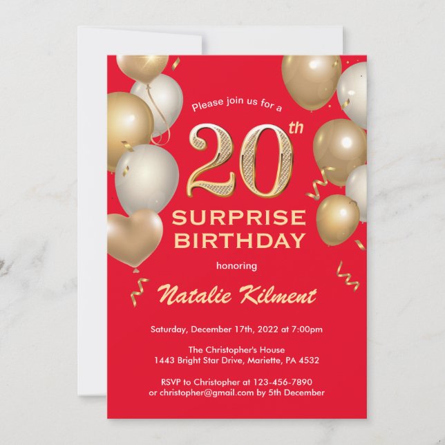 Surprise 20th Birthday Red and Gold Balloons Invitation (Front)