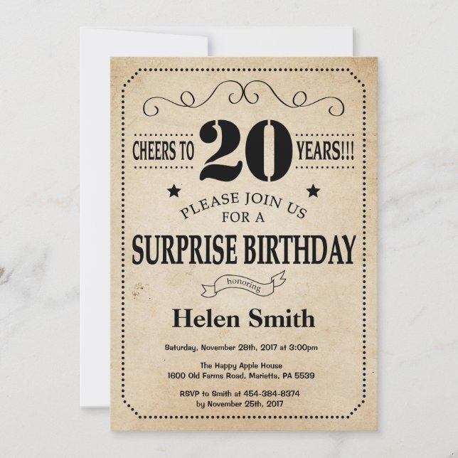 Surprise 20th Birthday Rustic Vintage Retro Invitation (Front)