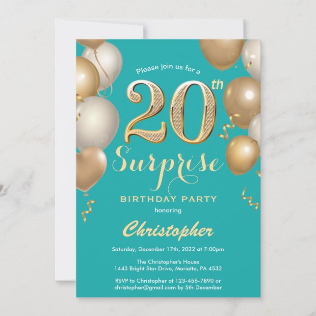 Surprise 20th Birthday Teal and Gold Balloons Invitation (Front)
