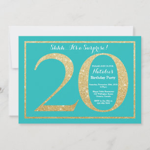 Surprise 20th Birthday Teal and Gold Glitter Invitation