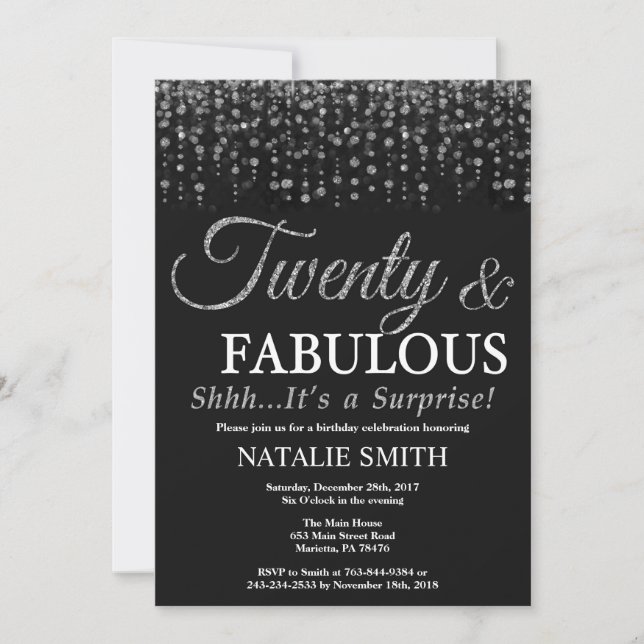 Surprise 20th Birthday Twenty and Fabulous Silver Invitation (Front)