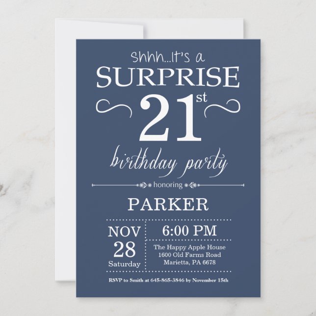 Surprise 21e anniversaire Invitation Bleu (Devant)