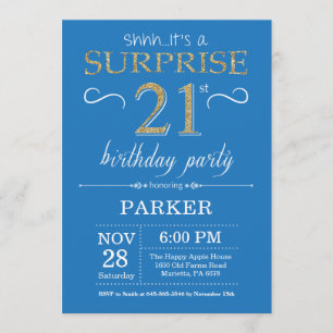 Surprise 21e anniversaire Invitation Bleu et or