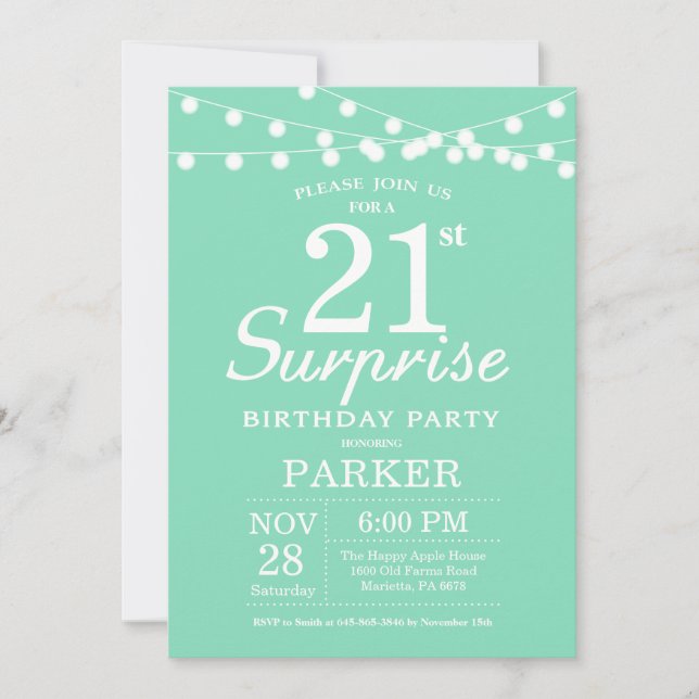 Surprise 21e anniversaire Invitation Mint Green (Devant)
