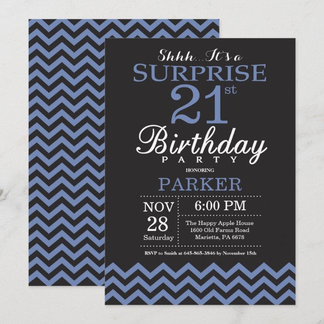 Surprise 21e anniversaire Invitation noir et bleu (Devant / Derrière)