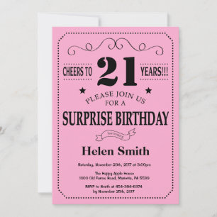 Surprise 21e anniversaire Invitation noir et rose