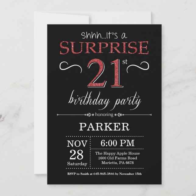 Surprise 21e anniversaire Invitation Noir et Rouge (Devant)