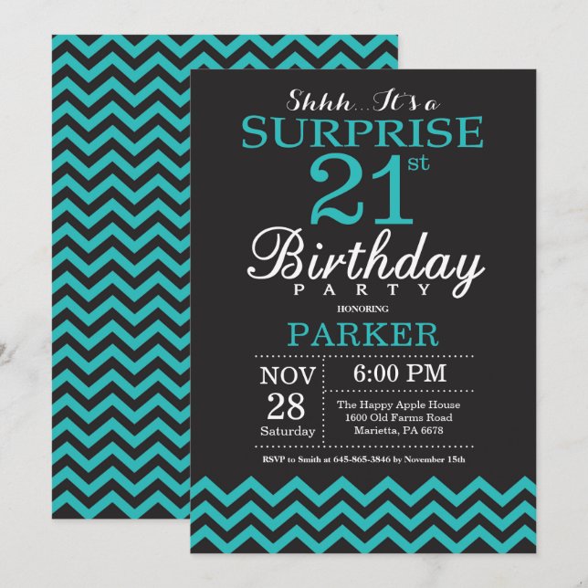 Surprise 21e anniversaire Invitation Noir et Turqu (Devant / Derrière)