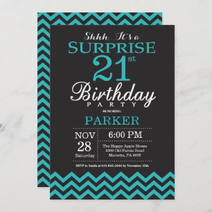 Surprise 21e anniversaire Invitation Noir et Turqu