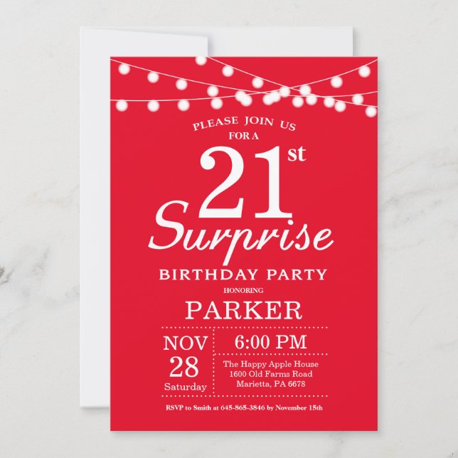 Surprise 21e anniversaire Invitation Rouge (Devant)