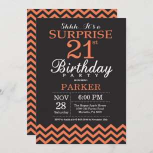 Surprise 21st Birthday Black and Coral Chevron Invitation