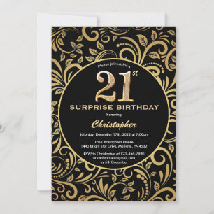 Surprise 21st Birthday Black and Gold Floral Invitation