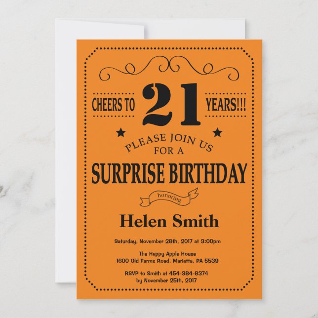 Surprise 21st Birthday Black and Orange Invitation (Front)