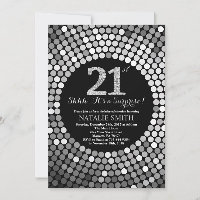 Surprise 21st Birthday Black and Silver Glitter Invitation (Front)