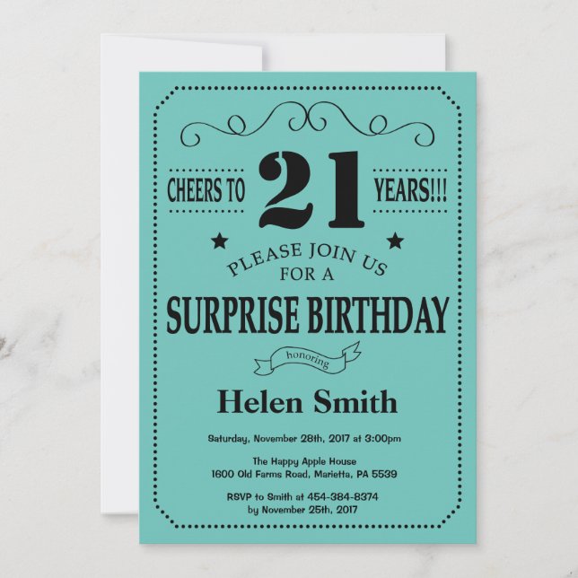 Surprise 21st Birthday Black and Teal Invitation (Front)